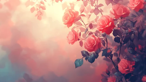 Digital painting of rose flowers with soft pink gradient background