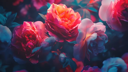 Radiant roses glow with neon light and vivid color.