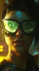 Cyberpunk woman with neon visor and city reflections.
