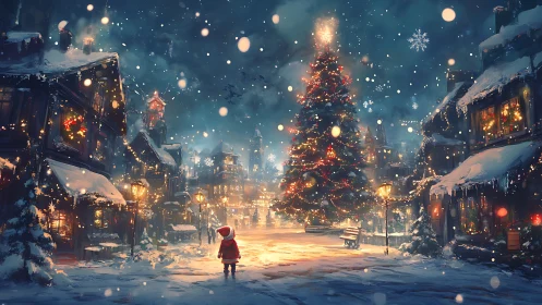 Snowy village square glows around a child’s Christmas wonder