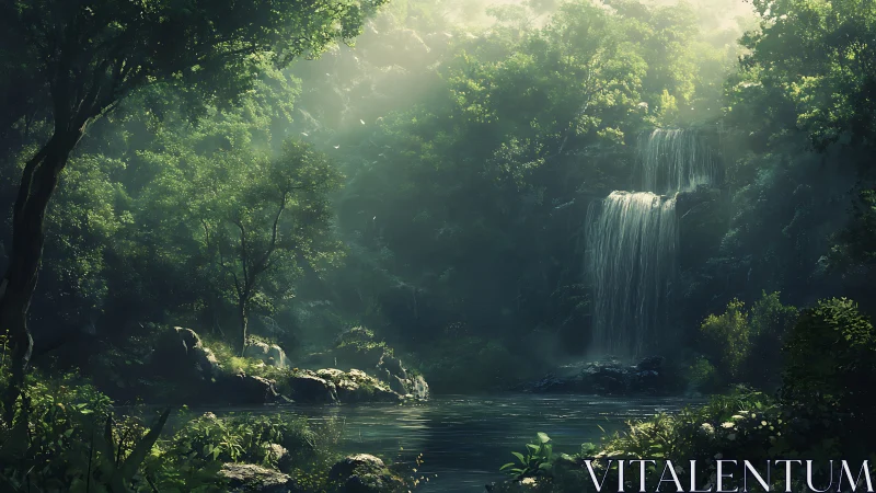 Luminescent forest cascade with volumetric light diffusion and cascading waterfall