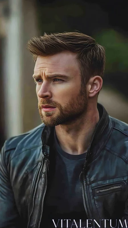 Portrait shows man in leather jacket looking to the side