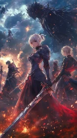 Ember-lit knight sisters face towering shadow in stormy sky.