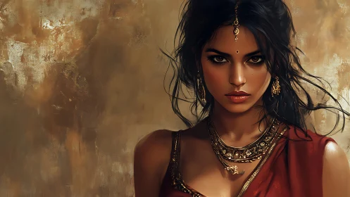 Regal woman in traditional attire with gold jewelry, digital art.