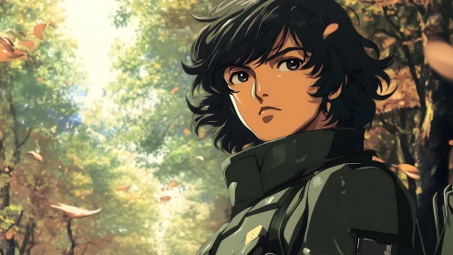 Serious anime soldier in autumn forest environment.
