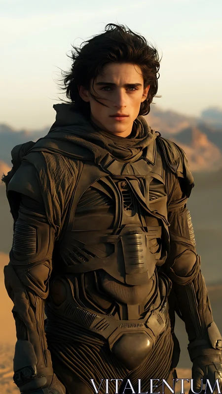 Lone desert wanderer stands in armored sci-fi suit.