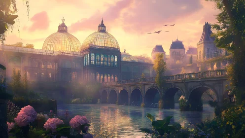 Sunlit glass palace and bridge glow above tranquil river.