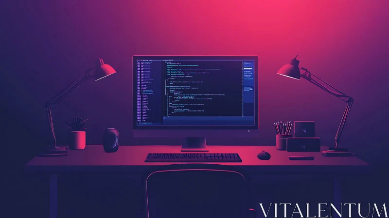 Neon-lit programming workstation under magenta blue gradient glow.