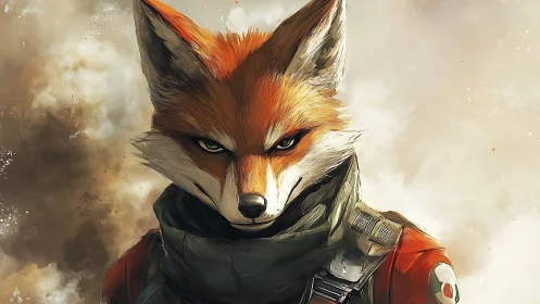 Battle-scarred fox pilot stares through storm haze.