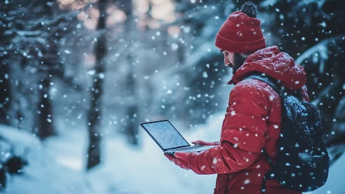 Man using laptop outdoors in snowy winter forest scene.