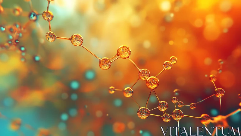 Glowing amber molecules drifting through a sunrise cosmos.