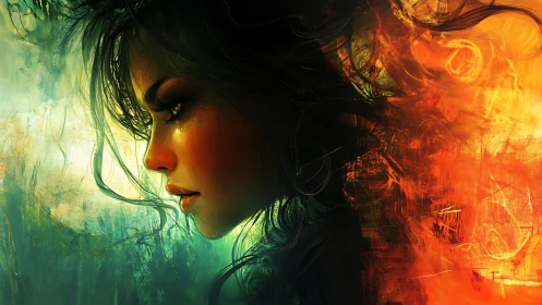 Profile portrait of a woman in contrasting cool and warm light