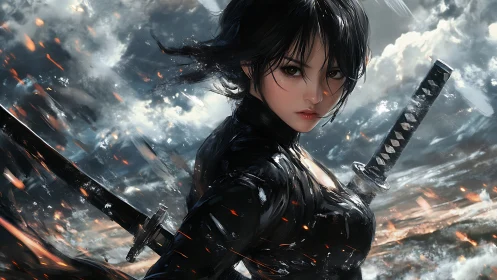 Dynamic anime swordswoman in storm-lit battlefield environment