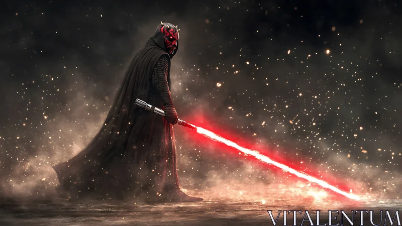 Hooded red‐saber warrior walking through burning haze.