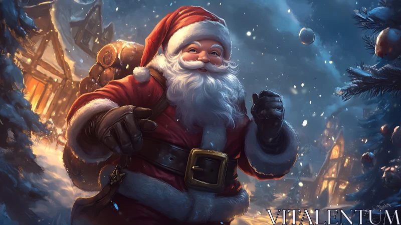 Santa Claus walking through snowy village at night.