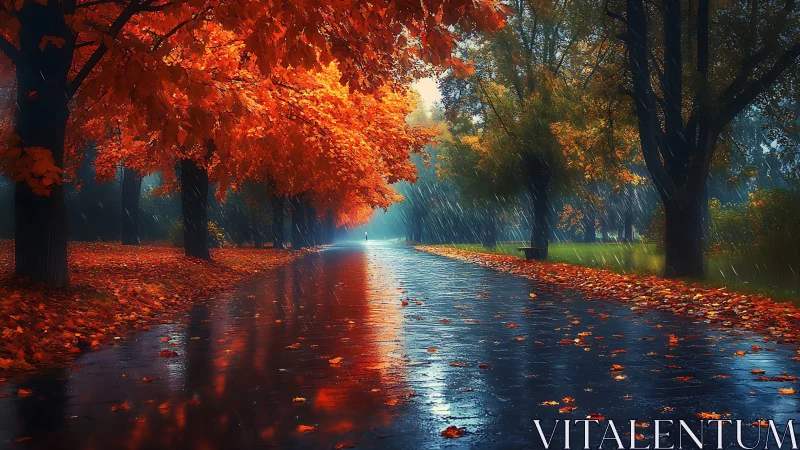 Rain-washed autumn avenue glows under fiery red foliage.