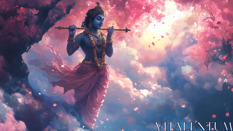 Divine flute player drifts through glowing pink celestial clouds