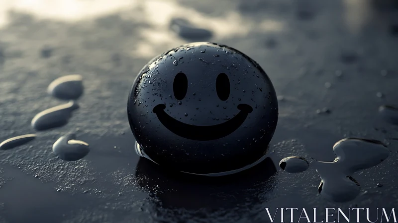 Glossy black smiley sphere on wet reflective surface.