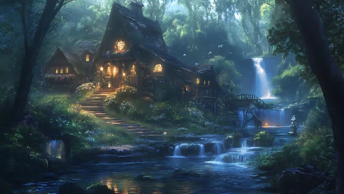 Wooden cottage by forest stream and waterfall at dusk.