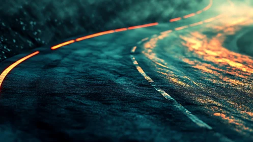 Neon edge lights trace a wet night road into the distance