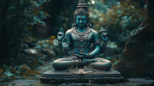 Bronze deity sculpture in seated pose within forest setting.