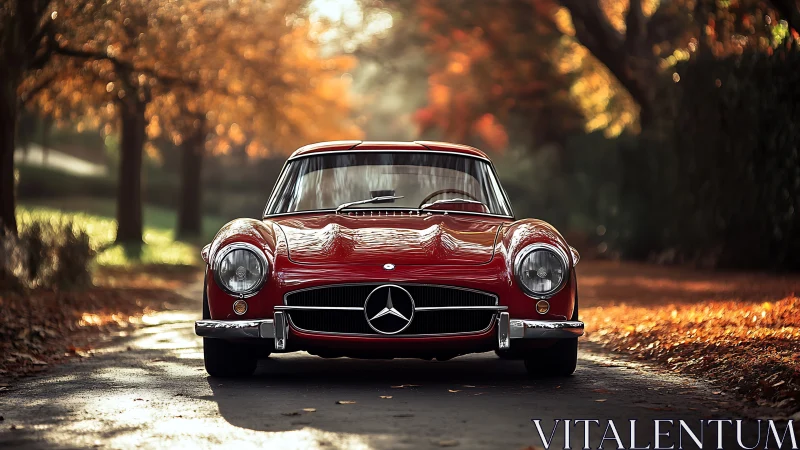 Classic red Mercedes roadster framed by autumn foliage glow.