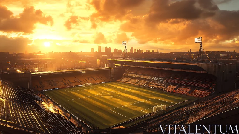Sunlit football stadium stands empty under dramatic sky