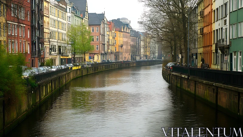 Misty canal corridor lined with softly humming city colors.