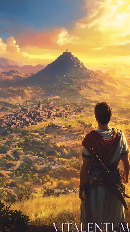 Sunlit warrior overlooking ancient valley citadel at dusk.