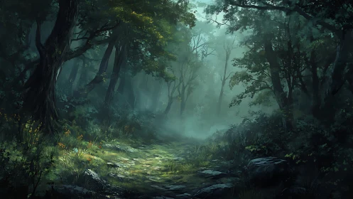 Misty Forest Path Through Ancient Trees