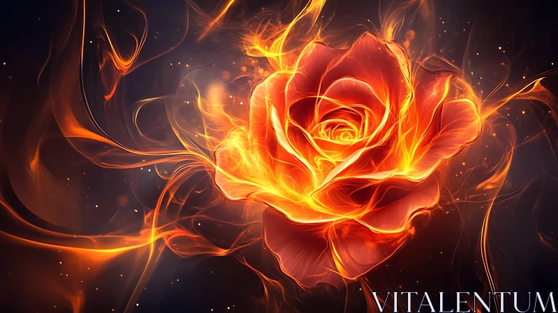 Luminous fiery rose with swirling plasma tendrils on dark field