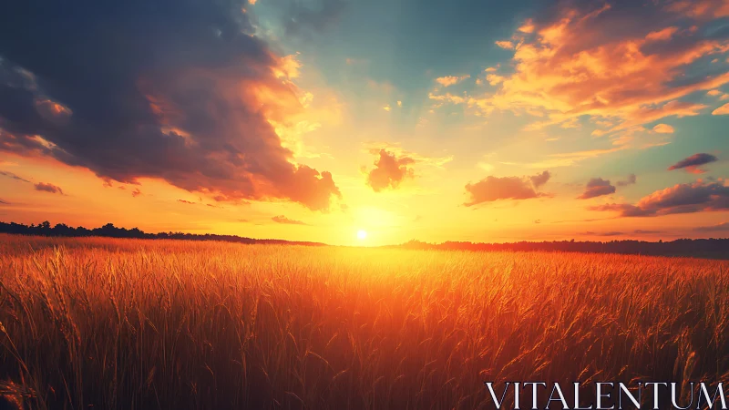 Golden wheat field glows under dramatic sunset sky.