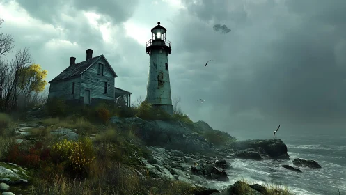 Coastal lighthouse with adjacent keeper's house on rocky shoreline.