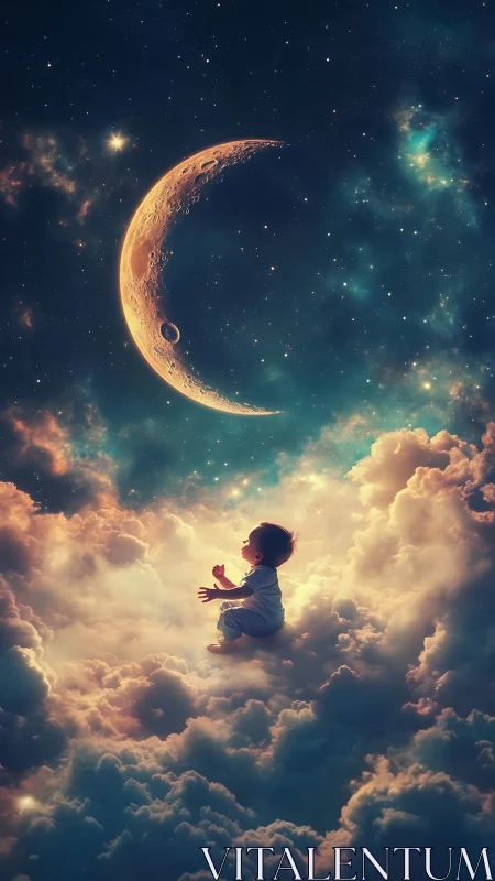 Dreaming child reaches for crescent moon in glowing clouds