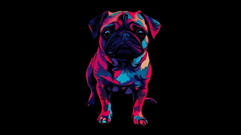 Neon color vector illustration depicts stylized pug on black background