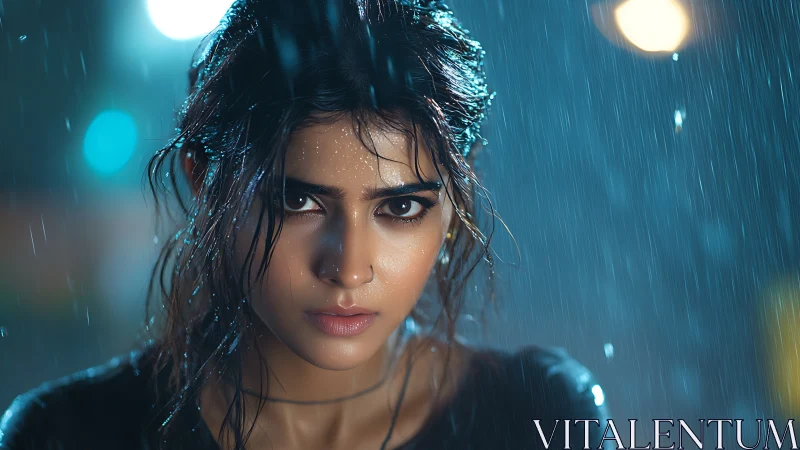 Intense woman stares through rain under neon night bokeh