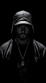 Man in leather hoodie stares forward under dramatic lighting