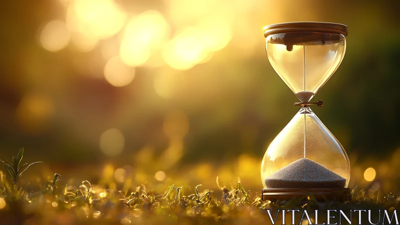Hourglass glows in golden sunset field, symbolizing quiet time