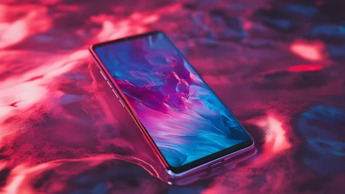 Modern smartphone on abstract neon surface, vibrant digital style.