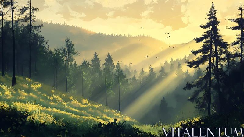 Golden Rays Paint the Misty Forest Deep with Light and Shadow