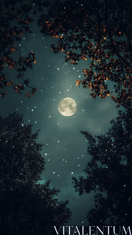 Moonlit forest sky inviting quiet late-night stargazing.