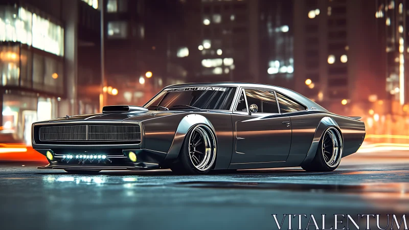 Custom muscle car parked on neon lit city street at night