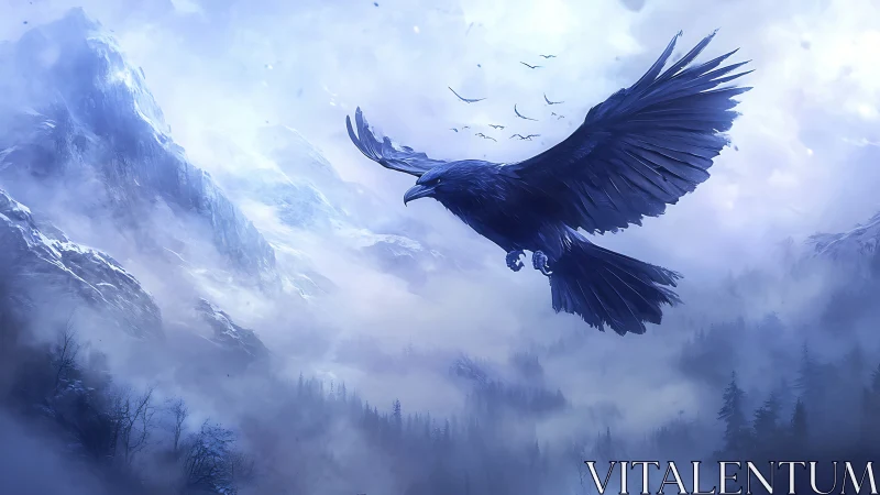 Large raven in dynamic flight over mist-laden alpine valley