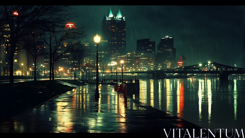Glistening city riverfront walkway glows in a gentle night rain