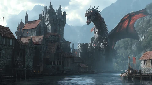 Dragon towers over fortified riverside medieval city stronghold