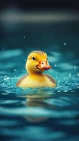 Yellow duckling swimming on calm blue water surface.
