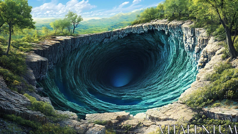 Enigmatic forest sinkhole opens into a vast turquoise abyss.