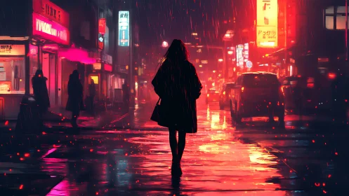 Silhouette crossing neon city street under steady rain.