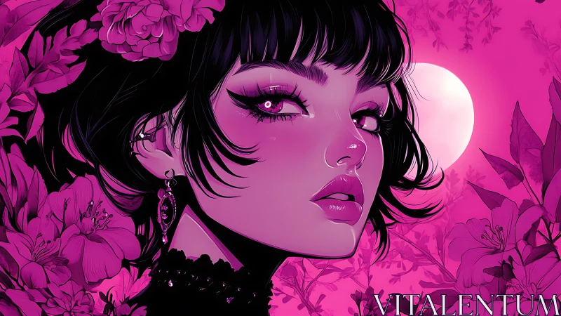 High-contrast magenta portrait with floral frame and lunar backlight