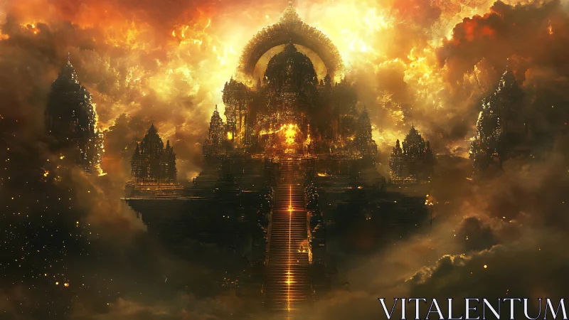 Mythic luminescent temple in stormlit infernal clouds
